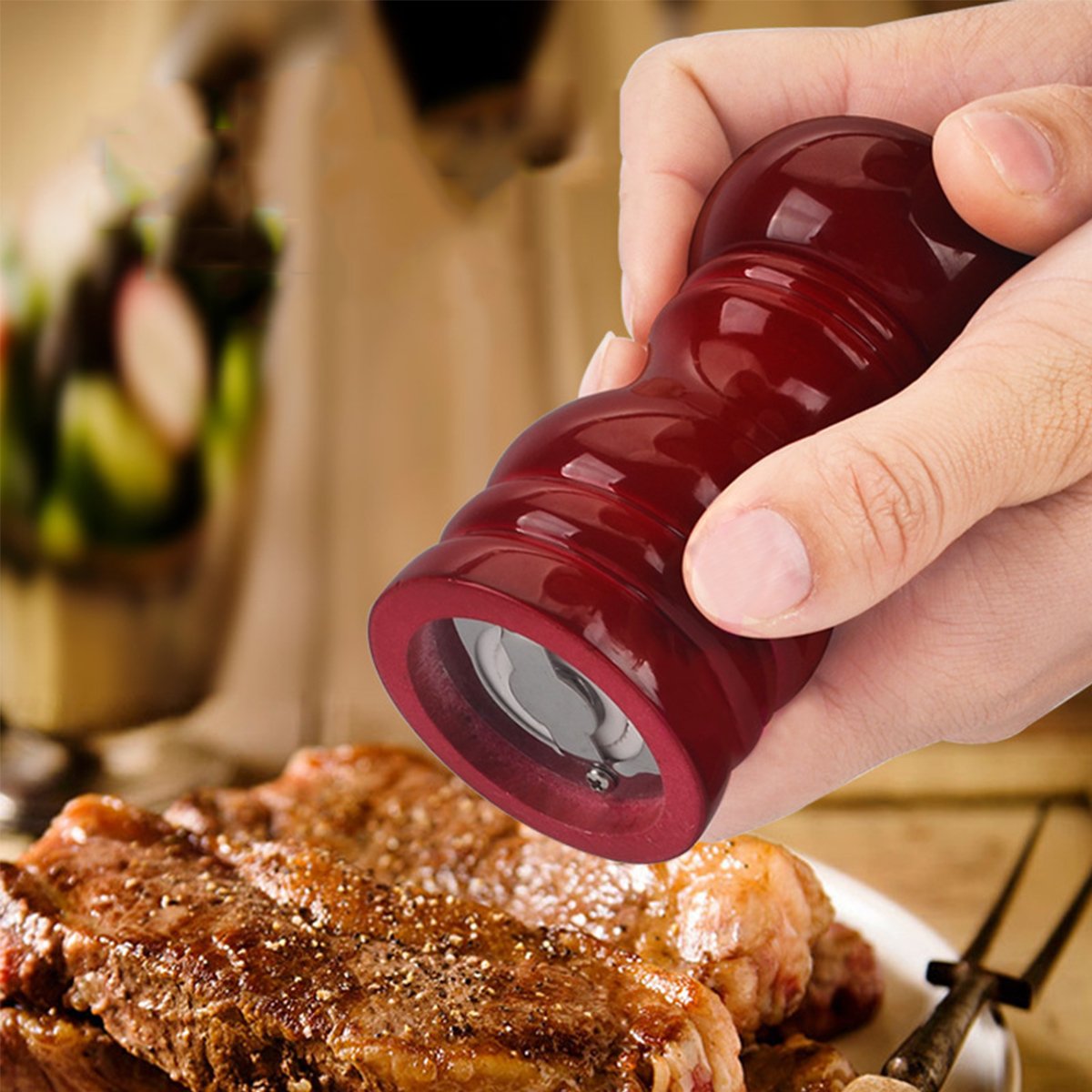 LONGLISHENG Pepper Mill with Rubber Wood Handle and Ceramics Grinding Core Condiment Container