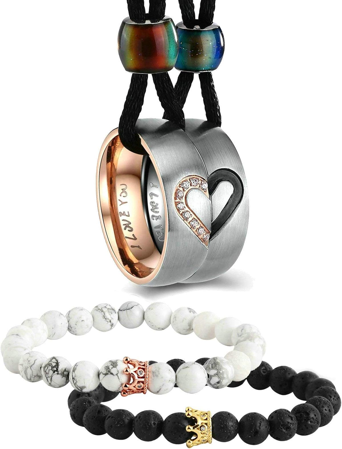 Aeici4PCS Couple Necklace Bracelets Matching Set for Him Her Stainless Steel Ring Pendant I Love You Couple Gifts