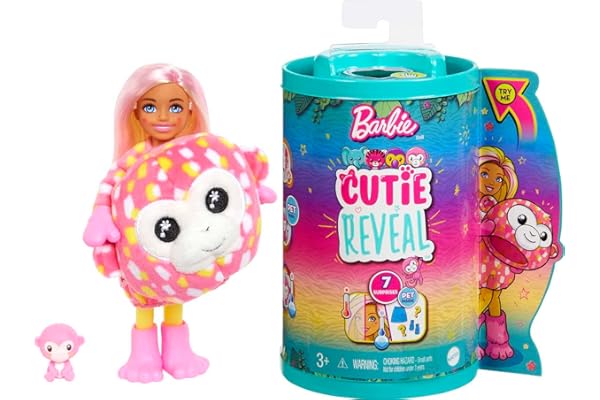 Barbie Small Dolls and Accessories, Cutie Reveal Chelsea Doll with Monkey Plush Costume & 7 Surprises Including Color Change,