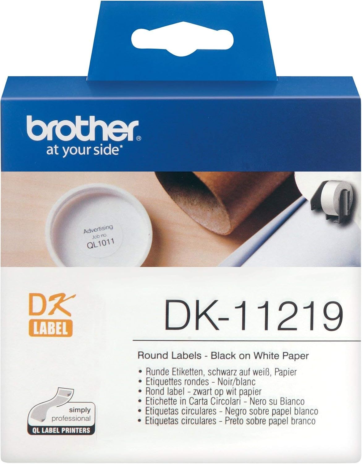 Brother DK-11219 Label Roll, Round Labels, Black on White, 1200 Labels, 12mm, Brother Genuine Supplies, White With Black