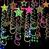 54 Pieces UV Hanging Swirl Paper Star Garlands Neon Streamers Glow Party Supplies and Decorations Black Light UV Reactive for Dark Glow Wedding Birthday Party Favors