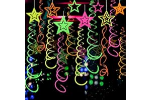 WELITTCON 54 Pieces UV Hanging Swirl Paper Star Garlands Neon Streamers Glow Party Supplies and Decorations Black Light UV Reactive for Dark Glow Wedding Birthday Party Favors