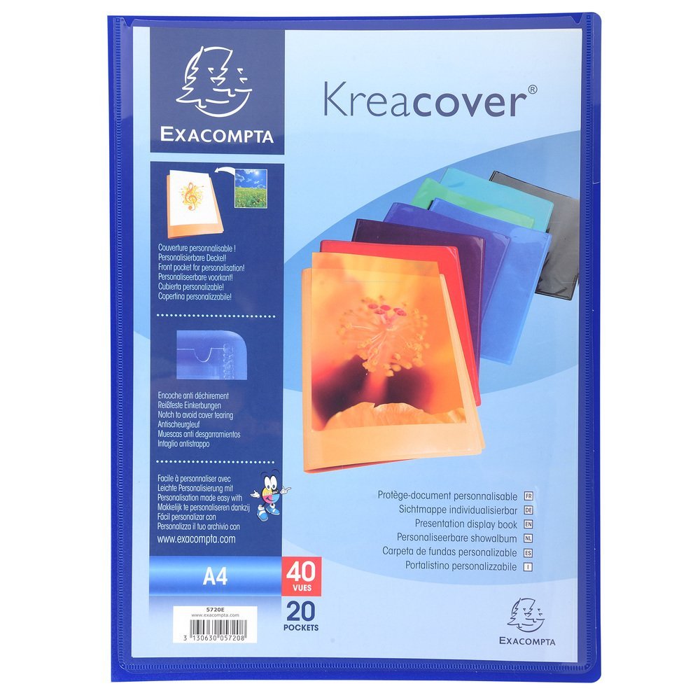 Exacompta - Ref 5720E - Kreacover Collection - Semi-Rigid Opaque PP Display Book - 240 x 320mm in Size, Suitable for A4 Documents, 20 Pockets - Assorted Colours