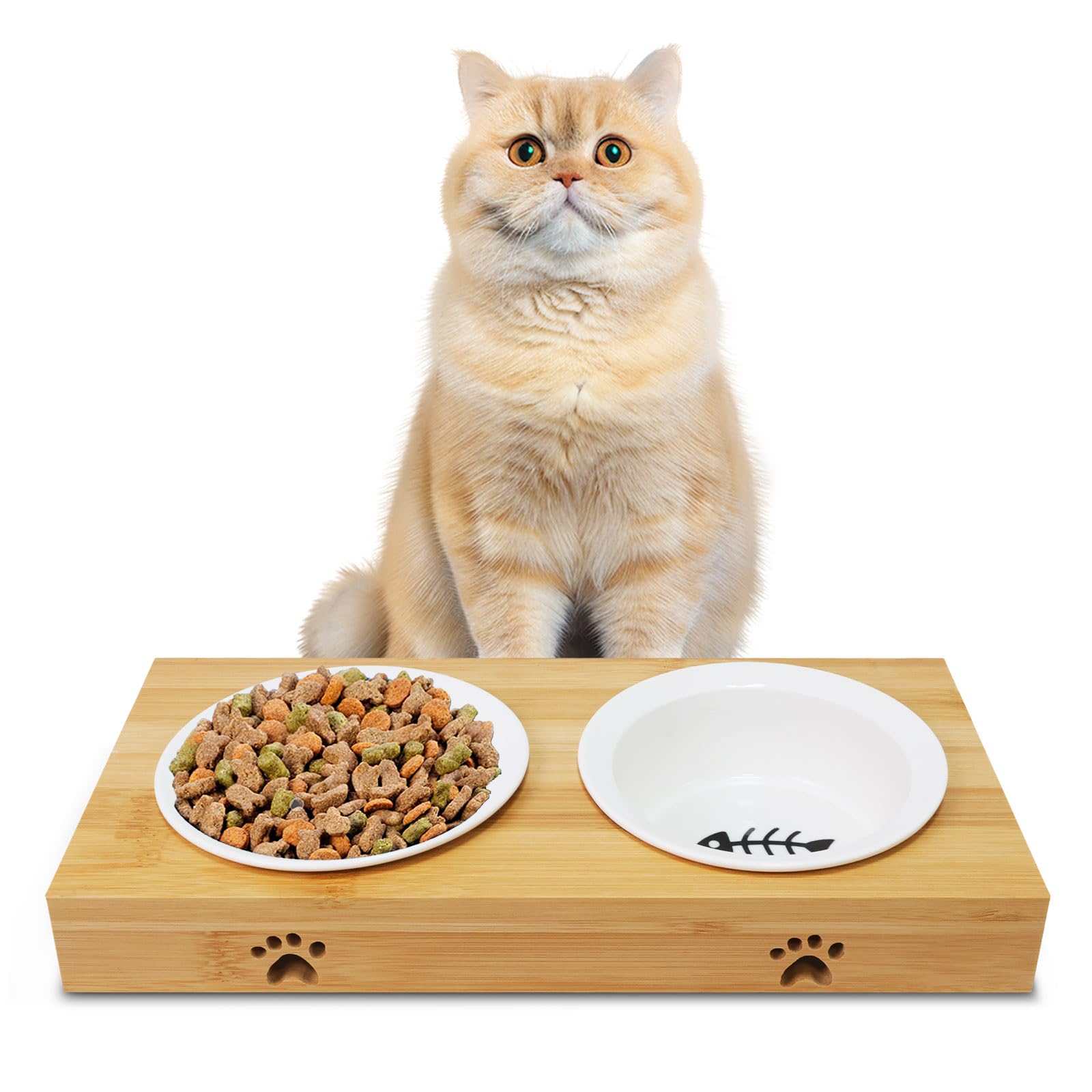 Photo 1 of Premium Bamboo Raised Pet Feeder - 15 Degree Elevated Cat & Small Dog Bowls with 2 Ceramic Dishes, Non-Slip Base & 8 Silicone Pads, Eco-Friendly Ergonomic Food Stand for Kittens/Puppies