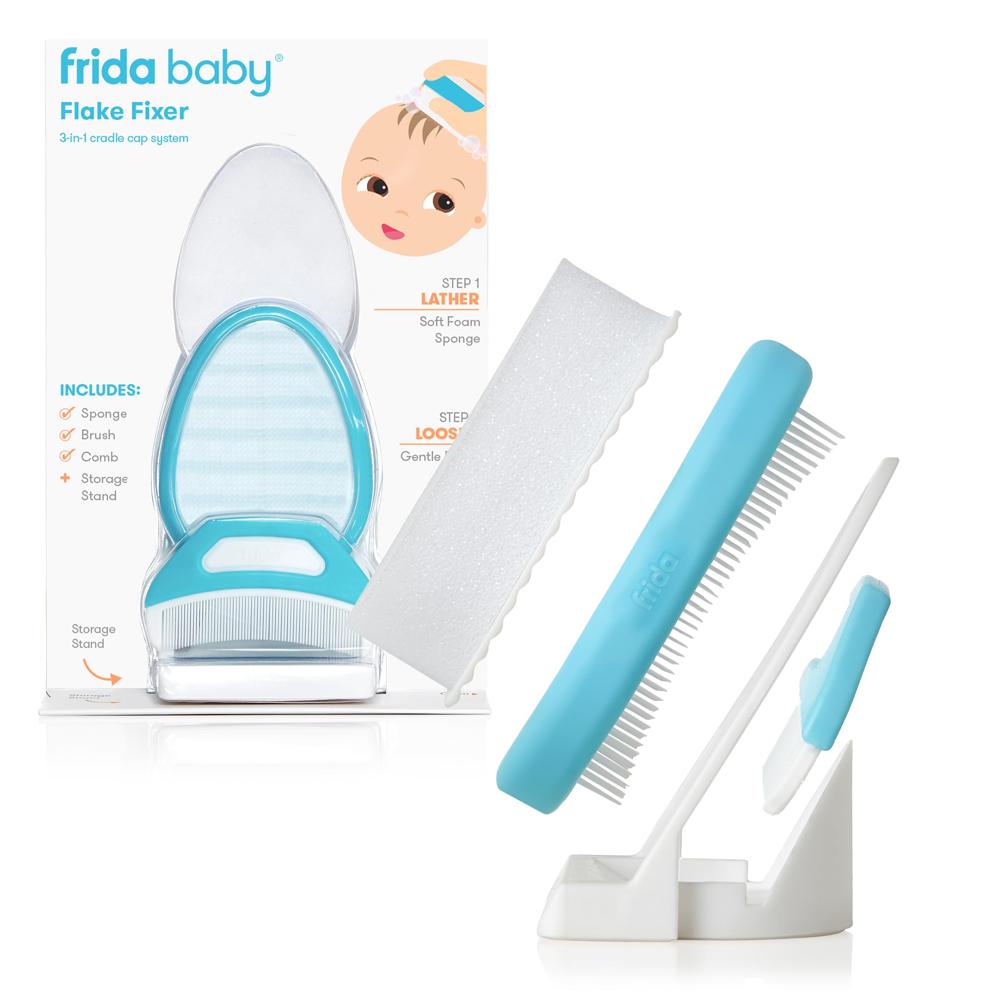 FridaBaby DermaFrida the FlakeFixer Cradle Cap Treatment System: 3-Step Cradle Cap Kit, Soothes Baby's Scalp, Prevents Dryness and Flakes, Sponge, Brush, and Comb + Storage Stand