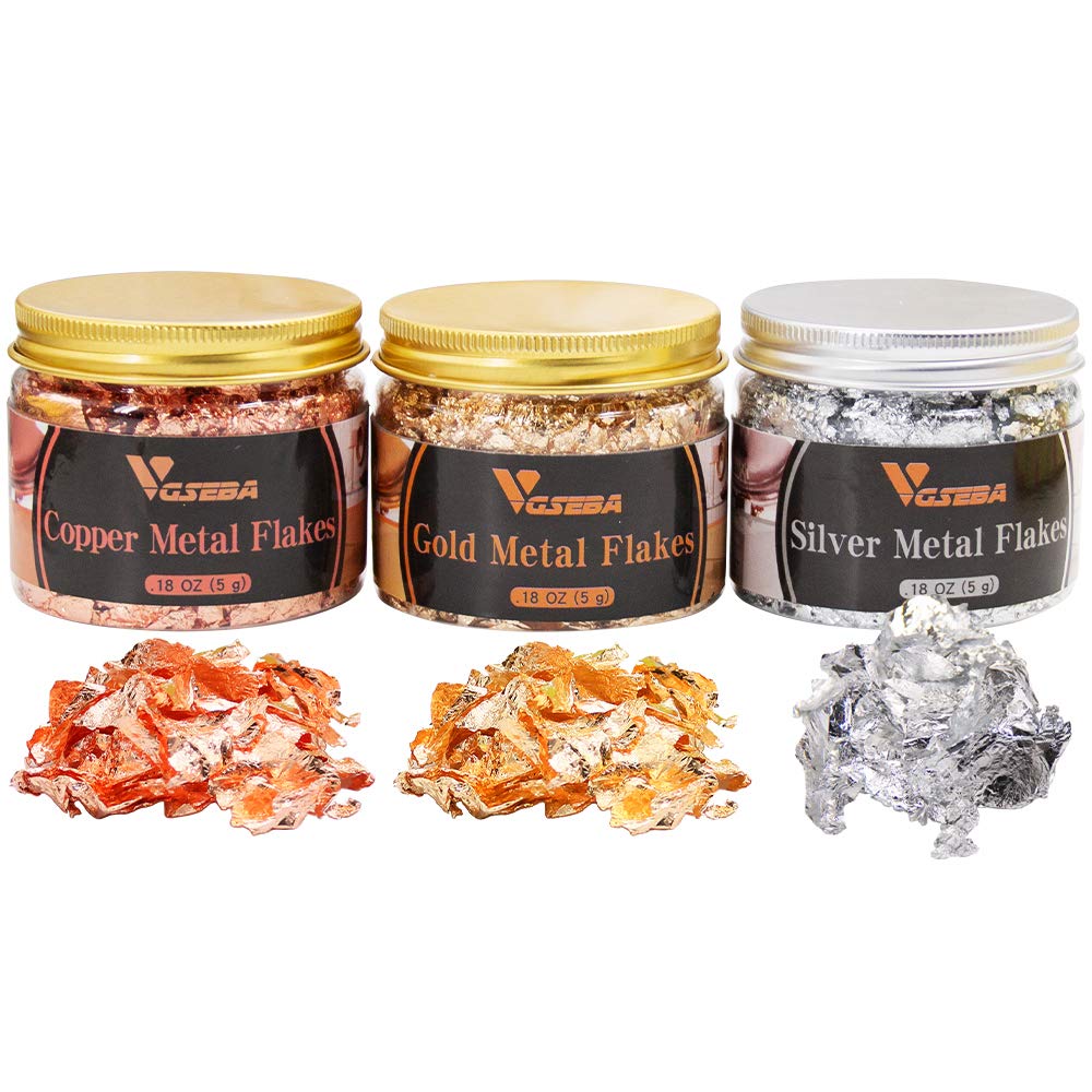VGSEBA Gilding Gold Flakes - Color 2.5 Imitation Gold, Silver, 100% Real Copper, 3 Bottles Metallic Gold Foil Flakes for Resin, Painting Arts and Crafts, Nail DIY, 5 Grams per Bottle