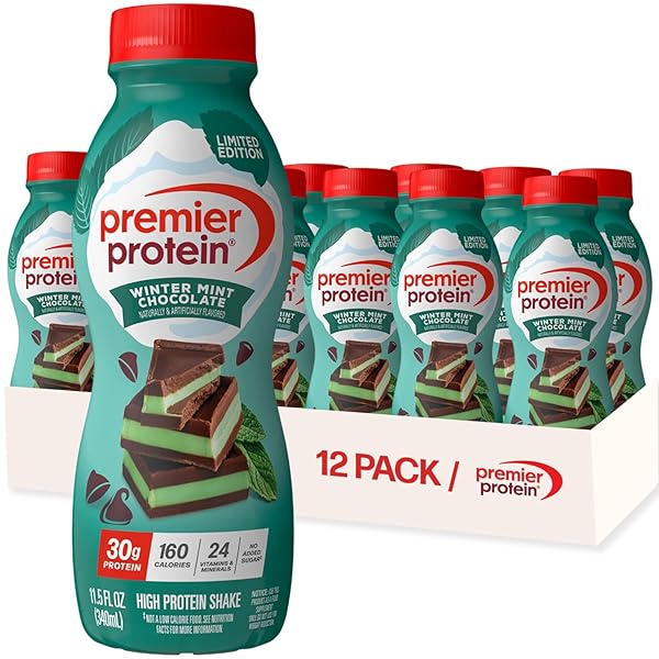 PREMIER PROTEIN SHAKE, LIMITED EDITION, WINTER MINT CHOCOLATE, 30G PROTEIN, NO ADDED SUGAR, 24 VITAMINS & MINERALS TO SUPPORT IMMUNE HEALTH, 11.5 FL OZ, 12 PACK
