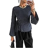 SHENHE Women's Dressy Casual Wrap Blouse Side Tie Bell Long Sleeve Business Striped Shirt Top