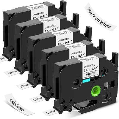 Suminey 12mm TZe-231 Label Tape 5 Pack Black on White Laminated for Brother PT