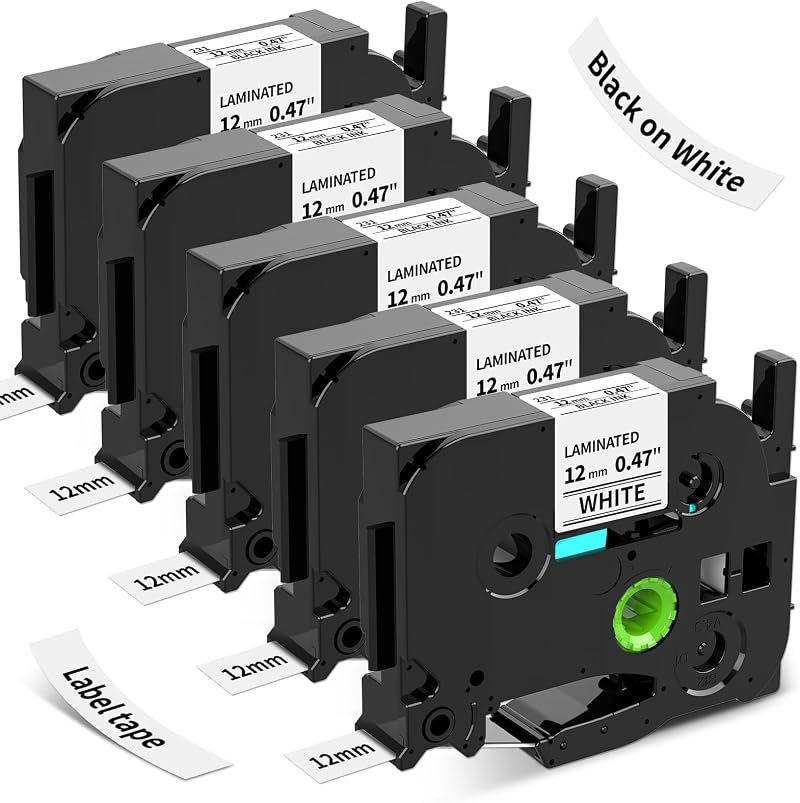 Suminey 12mm TZe-231 Label Tape 5 Pack Black on White Laminated for Brother PT