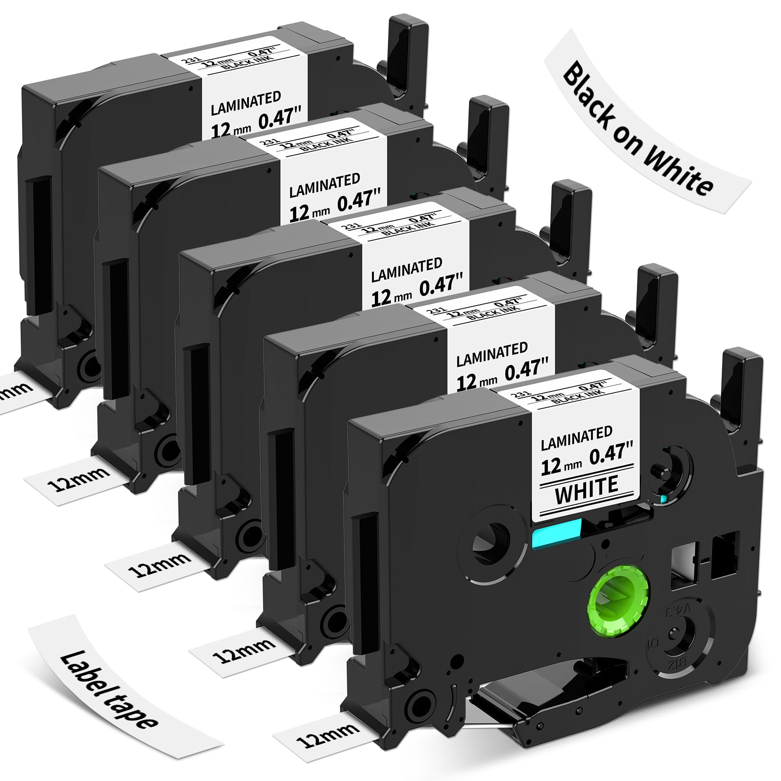 Suminey Compatible Label Tape Replacement for Brother Label Printer Tape Ptouch TZ Tape TZe-231 12mm Black on White 0.47 Laminated Cassette for PT-H110 PT-1000 GL-H105 PT-E110 GL-200 PT-1080, 5 Pack