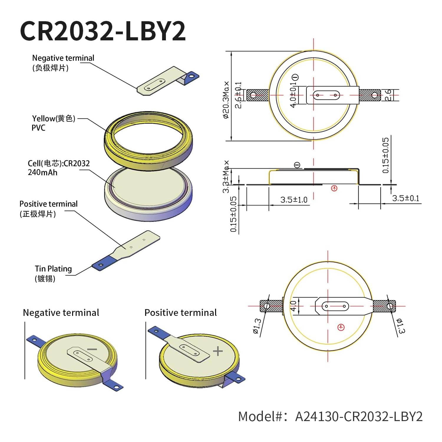 EEMB Tabbed CR2032 Battery with Solder Tabs 10-Pack - CR2032 Tabbed 3V Lithium Coin Cell Batteries for Sensors, Radios, Gameboy Color, and Electronic Devices-Ideal Game Battery Replacement