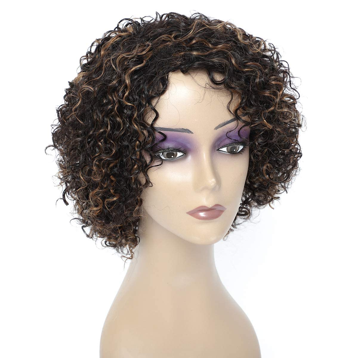 Morchy Short Curly Human Hair Wigs - Black Mix Medium Brown Highlights - 130% Density Brazilian Human Hair - Colored Short Wigs for Black Women - Color 1B/30