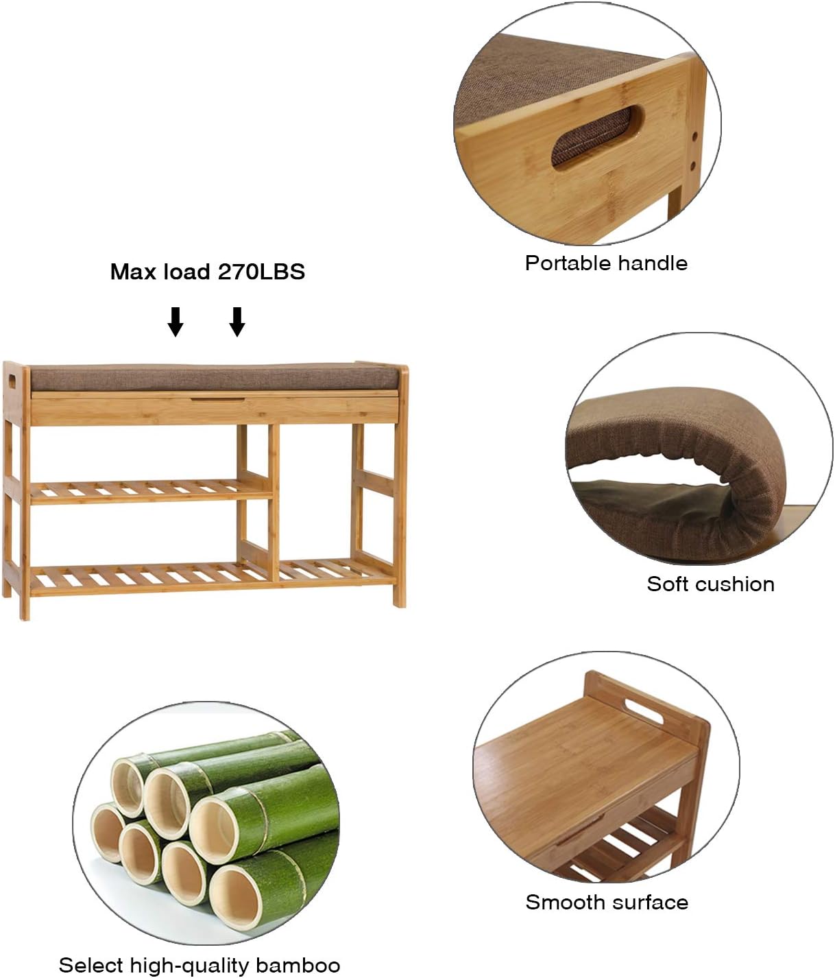 C&AHOME Shoe Rack Bench, Entryway 3-Tier Shoe Organizer, Max Load 270 LBS, Bamboo Storage Shelf with Cushion for Boots, Modern Stool for Bedroom Living Room, 31.5" L x 11.6" W x 19.3" H Natural: Kitchen & Dining
