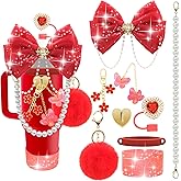 LBU Bling Stanley Cup Accessories for 40/30/20 oz Tumbler with Handle Including Glitter Bow Straw Topper, Heart Straw Cover, Water Bottle Handle Strap, Boot, Pom-Pom, Keychain Charms(Red)