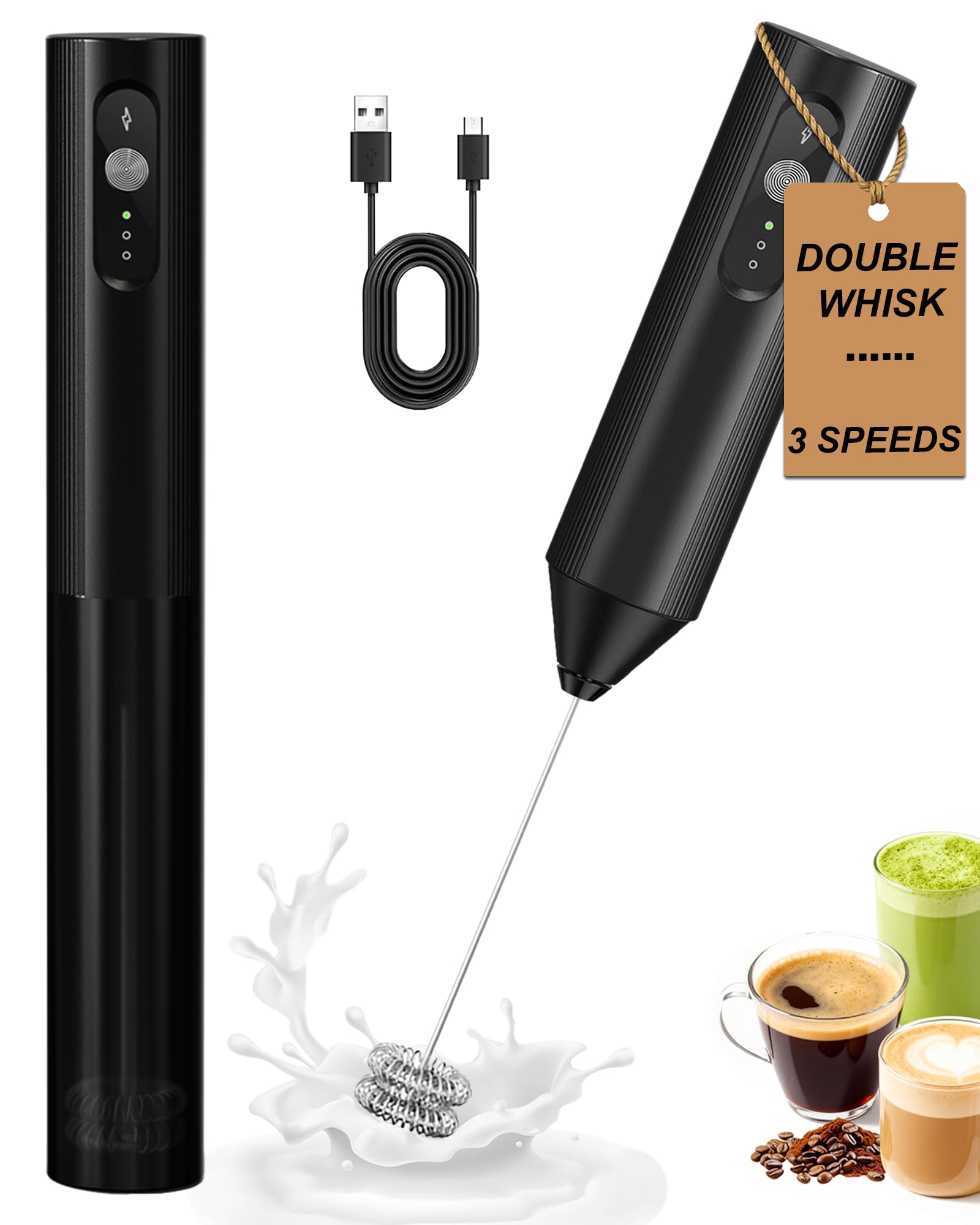 Soenglyun Rechargeable Milk Frother with Cover, Handheld 3-Speed Coffee Frother, Dual Coil Whisk Electric Frother Wand for Coffee, Latte, Cappuccino, Frappe Drink, Hot Chocolate, Black