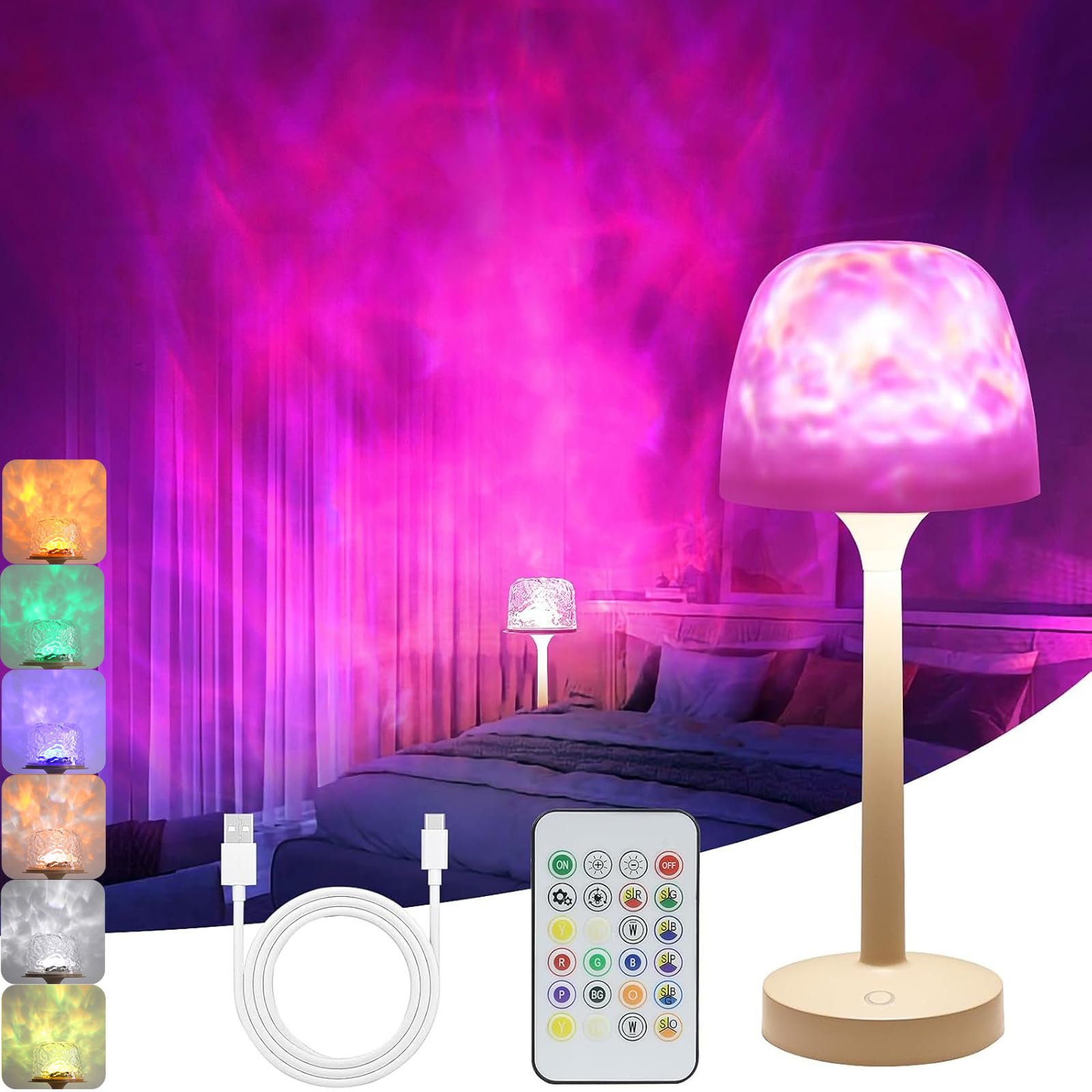 Photo 1 of KidoYean Cordless Shower Lamp,Bedside Lamp,Touch Ocean Wave Projector Light,3 Way Color Temperature,16 Color Changing Light,Dimmable,Rechargeable Aurora Night Lights for Bedroom Bathroom, Waterproof