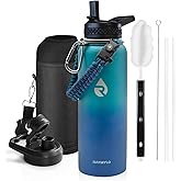 RAYMYLO Insulated Water Bottle 40 oz, Triple Wall Vacuum Stainless Steel (Cold for 48 Hrs), Leak Proof & Non-BPA, Modern Water Flask Jug with Paracord Handle & Straw Spout Lids, Cyan Blue