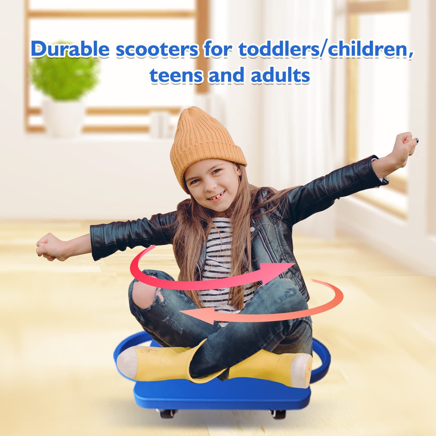 GSE Games & Sports Expert Floor Scooter Board with Handles, Sitting Scooter for Kids Indoor Play Equipment, Fun Scoot Board with Non-Marring Plastic Casters for Children (6 Colors Available)