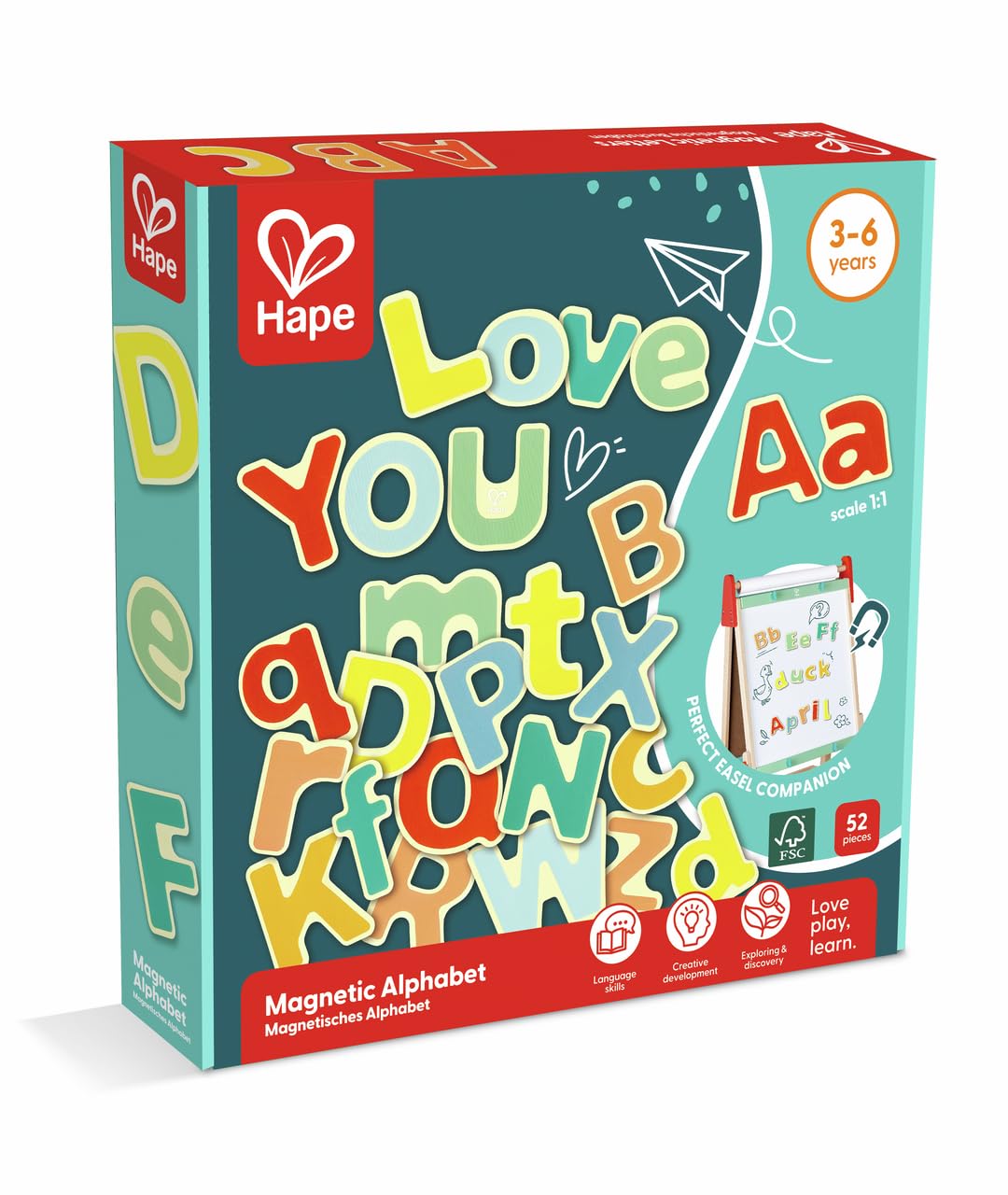 Hape Magnetic Alphabet - 52 Bright Magnetic Upper and Lowercase Letters, Educational Learning Toy, Ages 3-6