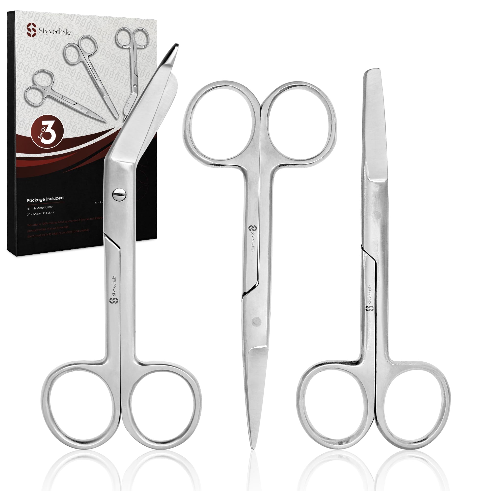 First Aid Assorted Stainless Steel Nursing/Lister Scissors, Pack of 3 - Sharp and Blunt Ends, 127mm, 13cm, 14cm - Ideal for Medical, First Aid, Nurses Paramedics Doctors