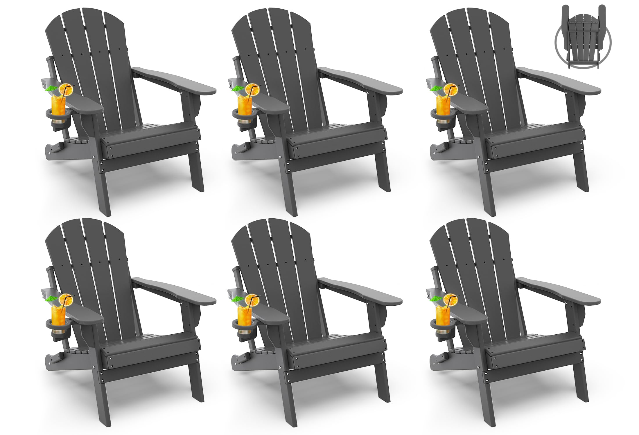 GREENVINES Folding-Adirondack-Chairs-Set-of-6 | HDPE Plastic | Fire Pit Chair | All Weather | Cup Holder | Grey | for Deck Backyard Patio Outdoor Garden Image