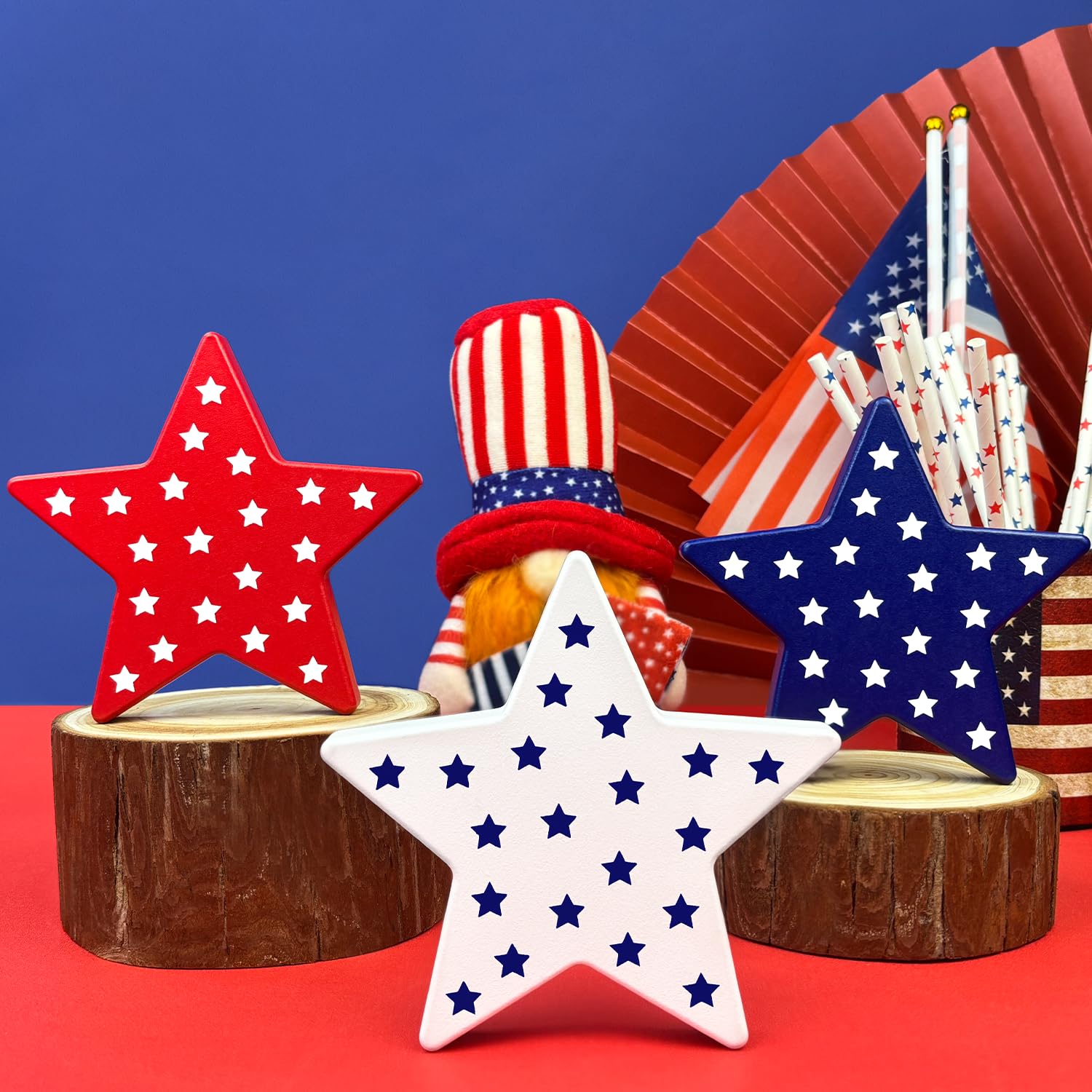 Photo 1 of 4th of July Table Decorations 3 PCS, Fourth of July Red White Blue Wooden Star Decor Centerpiece for Indoor Home, Patriotic Labor Day Gifts Signs for Mantel Office Tiered Tray Pool Birthday Party