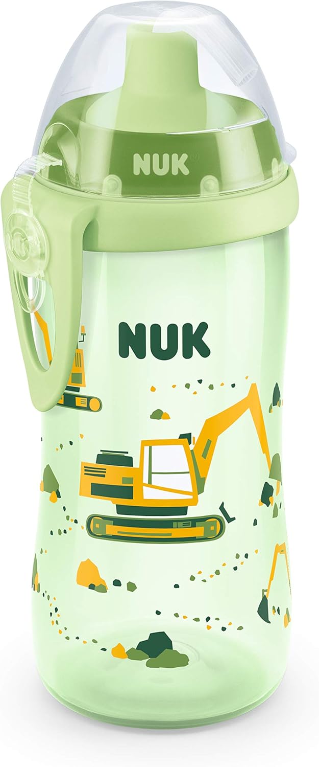 NUK Flexi Cup Drinking Bottle with Straw, 300 ml, Leak and Shatterproof, BPA Free, 12+ Months, BPA Free, Digger (Green)
