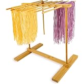 Bamboo-Pasta-Drying-Rack With Transfer Wand &amp; 14 Arms, Large Tall Collapsible Fresh Pasta Dryer Holder For Homemade Noodle, Spaghetti, Tagliatelle, Detachable Fettuccine Hanger Stand With 14 Bars