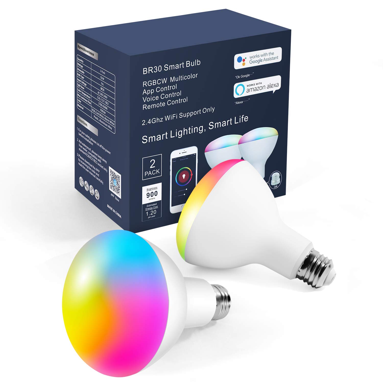 OHLUX Smart WiFi LED Light Bulbs Compatible with Alexa Google Home and IFTTT(No Hub Required), RGBCW Multi-Color Voice Control Bulb Lamp Warm to Cool White Dimmable, 10W 900LM E26 BR30-Pack of 2