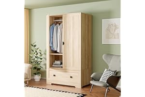 VINGLI Armoire Wardrobe Closet With Doors, Hanging Rod, Shelves and Drawer - Freestanding Cabinet for Bedroom, Dorm - Oak, 38" W x 21" D x 65" H