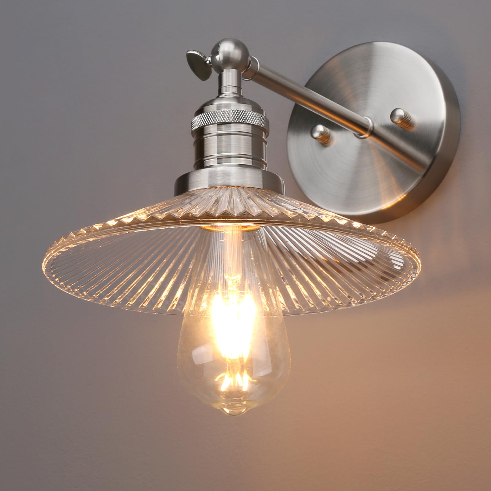 Yosoan Industrial Glass Ribbed Wall Sconce Lighting, Industrial Vintage Wall Light for Bedside Loft Living Room Kitchen Restaurant Wall Lamp (Brushed)