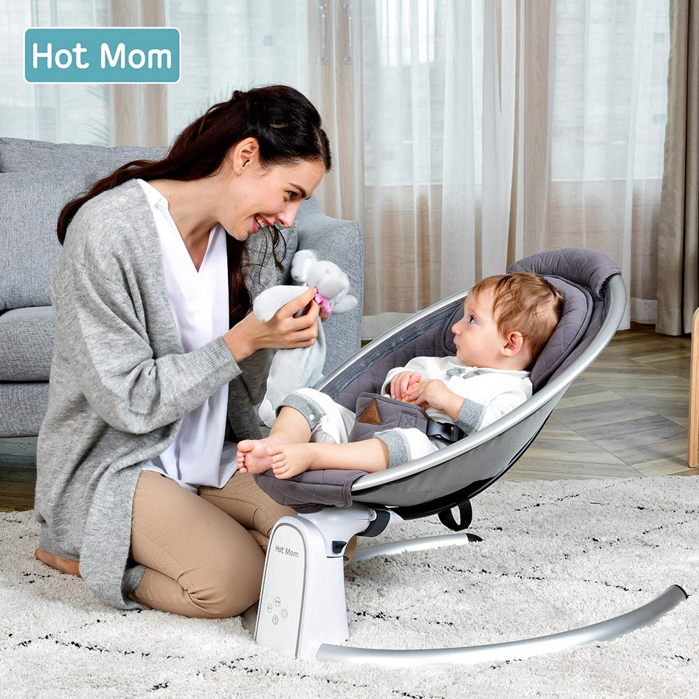 Hot Mom Upgrade Cotton Electric Baby Bouncer for Infant,Bluetooth Swing Enabled Automatic, Baby Rocker Inset Music Speaker, Dinning Chair with Intelligent Timing & LED Touch Screen (Grey)
