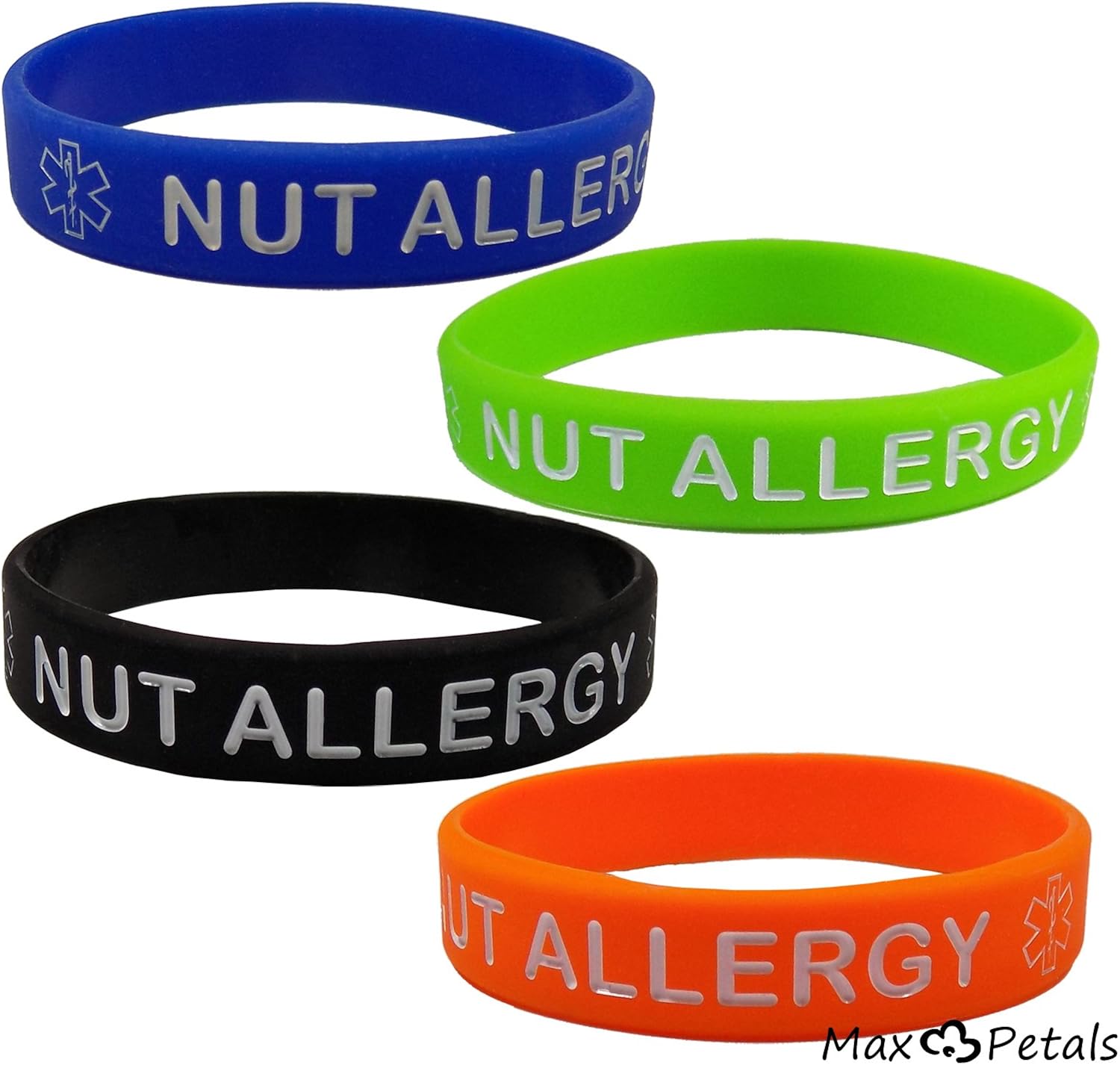 Max Petals NUT Allergy Silicone Wristbands - Blue, Orange, Green and Black Kid's Sizes (4 Pack) (Small Child Size) … - Image 5