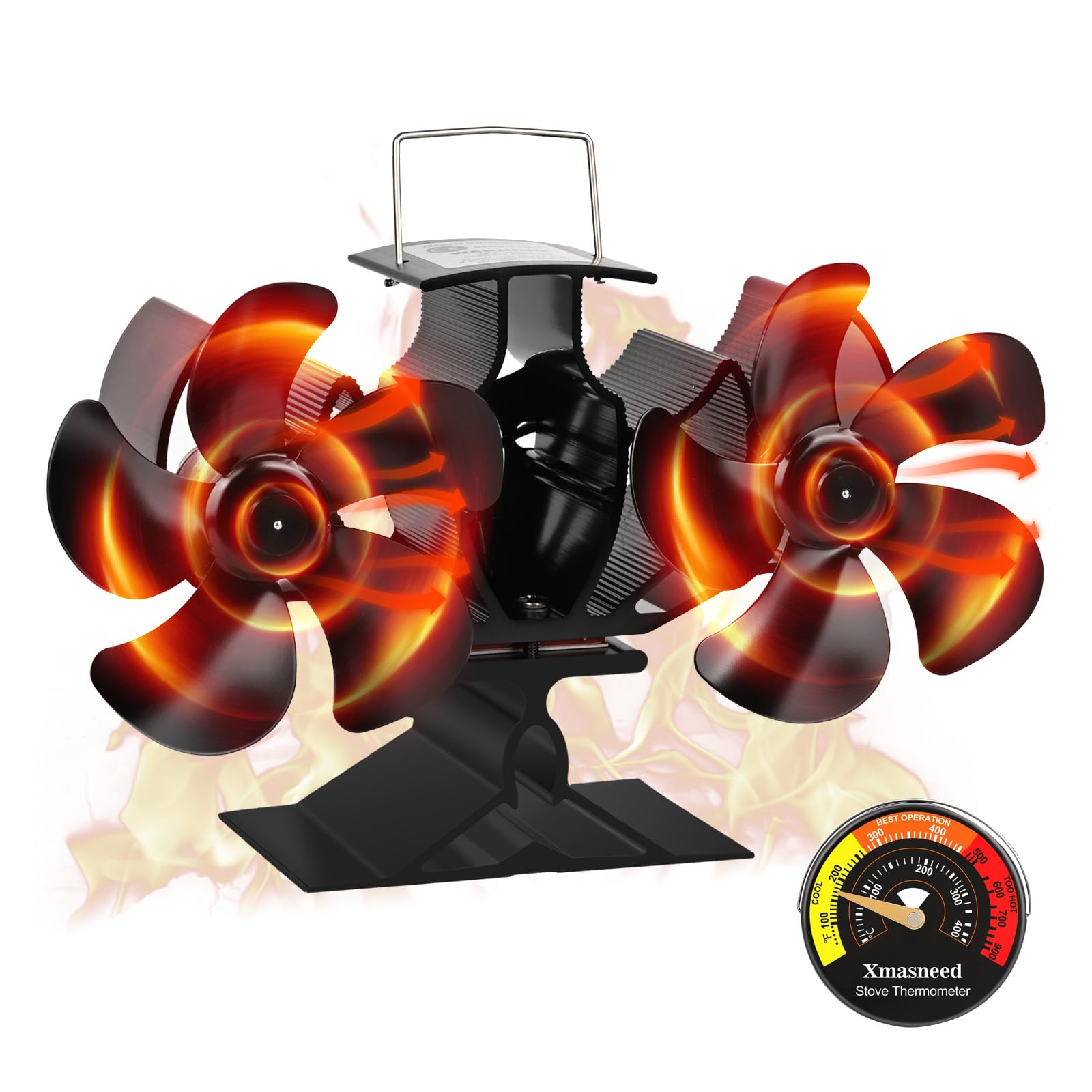 Xmasneed Dual Log Burner Fan, 10 Blades Stove Fan, Silent Operation for Wood Burning Stove, Woodburner Fan for Wood/Log Burners/Fireplace/Increased Efficient for Large Room Heat Distribution