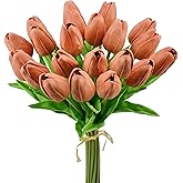 Mandy's Artificial Tulips 20 Stems Dark Orange PU Faux Flowers for Valentine's Day and Easter Decorations Wedding Home Decor 13.5 Inch