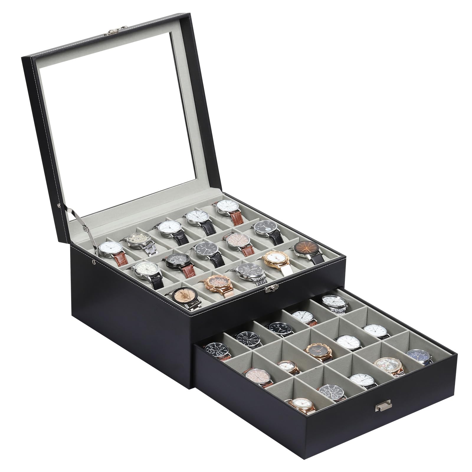 Photo 1 of AUTOARK Watch Box Organizer with Glass Top & Lockable Drawer,2 Layers Holds 30 Watches & Jewelry,Large Storage for Men & Women,PU Leather with Soft Interior,Gift for Home Office Desk,Black,MKAW-127