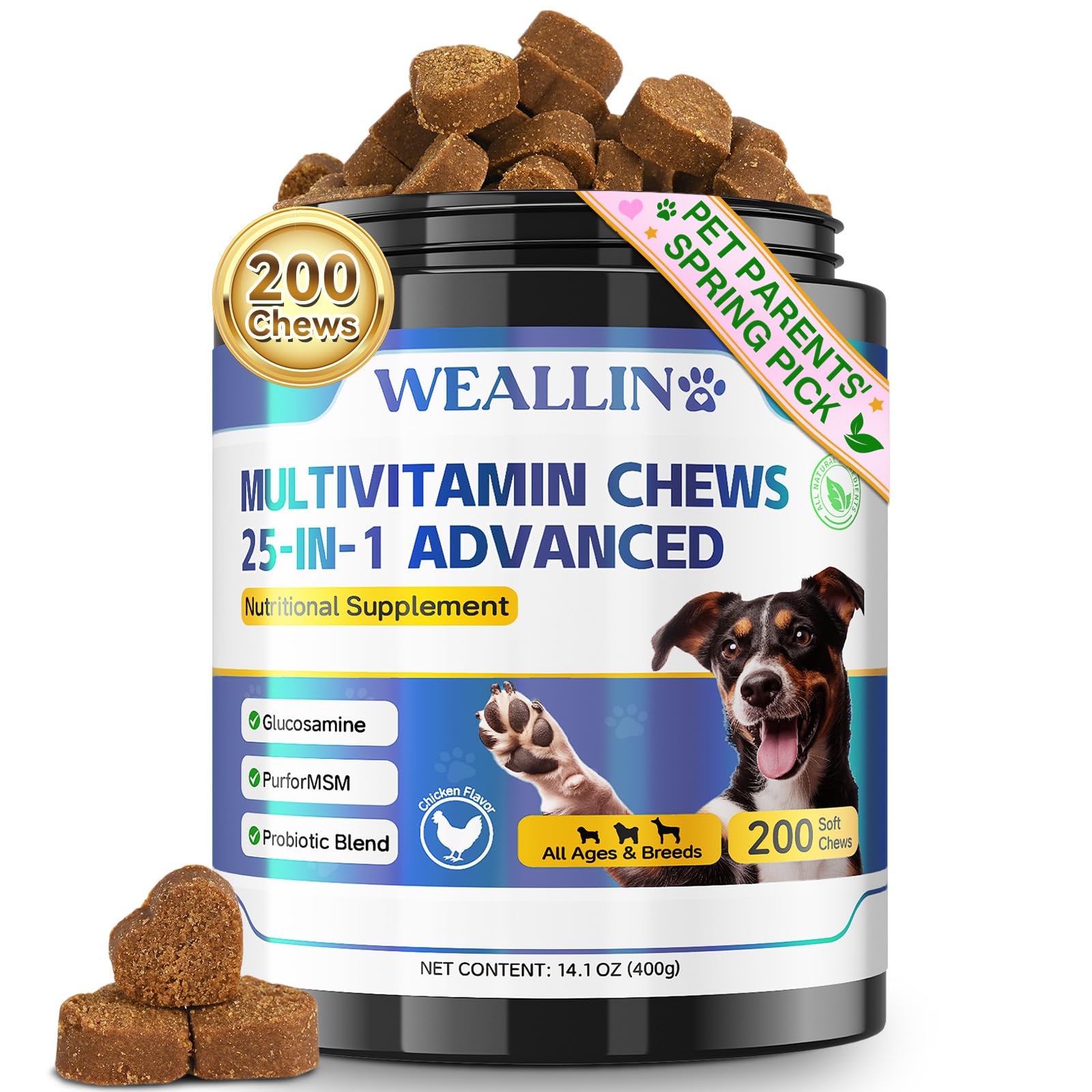 WEALLIN 25-in-1 Multivitamin Supplements for Dogs - Multi-Vitamin Treats For Dogs Multivitamin Chewable Dog Vitamins For Heart,Skin,Coat,Natural Balance,Digestion for All Ages 200 Chews Chicken Flavor