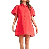 Meyhad Womens Short Sleeve Button Down Mini Shirt Dress Lapel Collar Short Dresses with Pocket