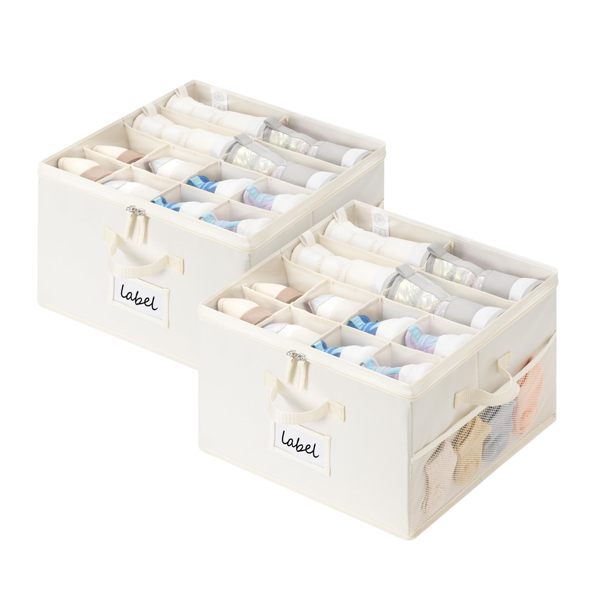 GRANNY SAYS Shoe Organizer for Closet, Fits up to 8 Pairs, 2 Pack Shoe Cubby Storage Containers with Side Mesh Pocket and Clear Cover, Beige