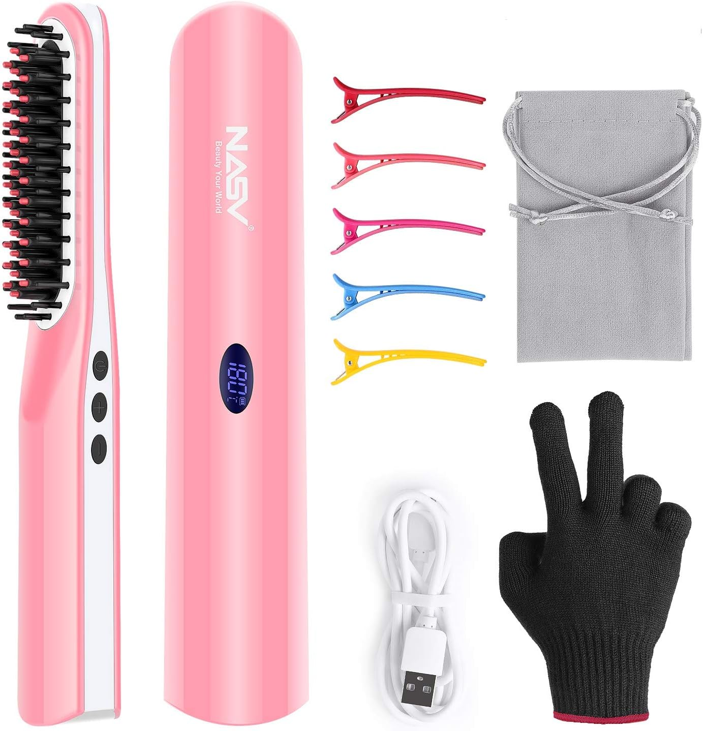 DOMAVER Beard Straightener Brush, Cordless Beard straightening Comb, Portable USB Rechargeable LCD Display Anti Scald Electric Heated Beard & Hair Ionic Straightener Brush for Men & Women - Pink