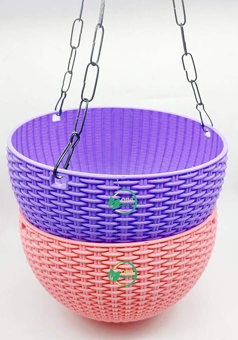 Oshi Greens Plastic Hanging Flower Pot Basket With Hook Chain, Multicolour, B-22 cm, H-13 cm, 2 Pieces