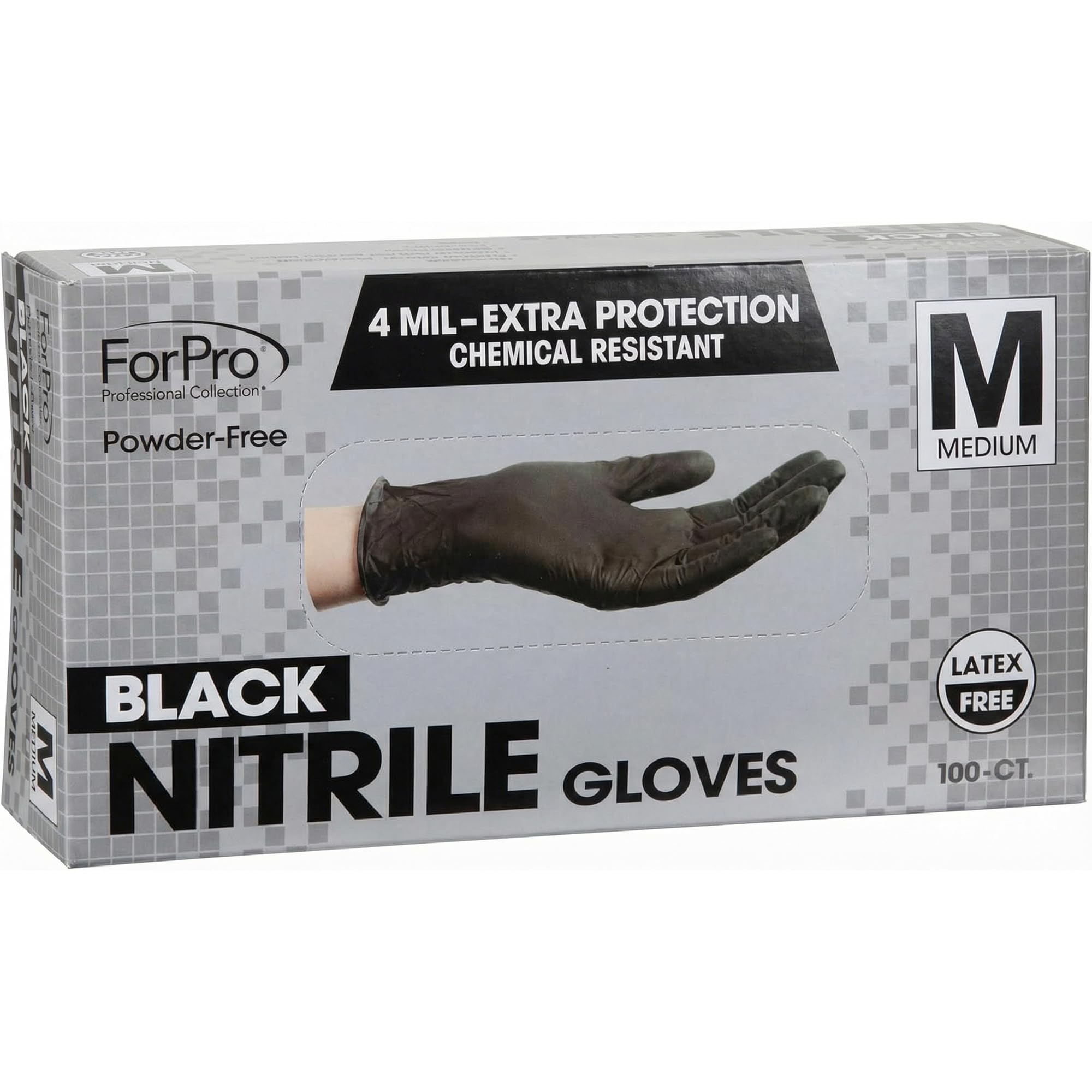 ForPro Disposable Nitrile Gloves, Chemical Resistant, Powder-Free, Latex-Free, Non-Sterile, Food Safe, 4 Mil, Black, Medium, 100-Count