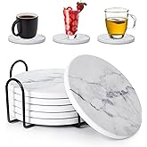 Absorbent Coasters for Drinks,Ceramic Coaster Set of 6 with Holder, Durable Cup Coaster for Coffee Table with Cork Base for Table Protection, Housewarming Birthday Gifts, Home Decor (White Marble)