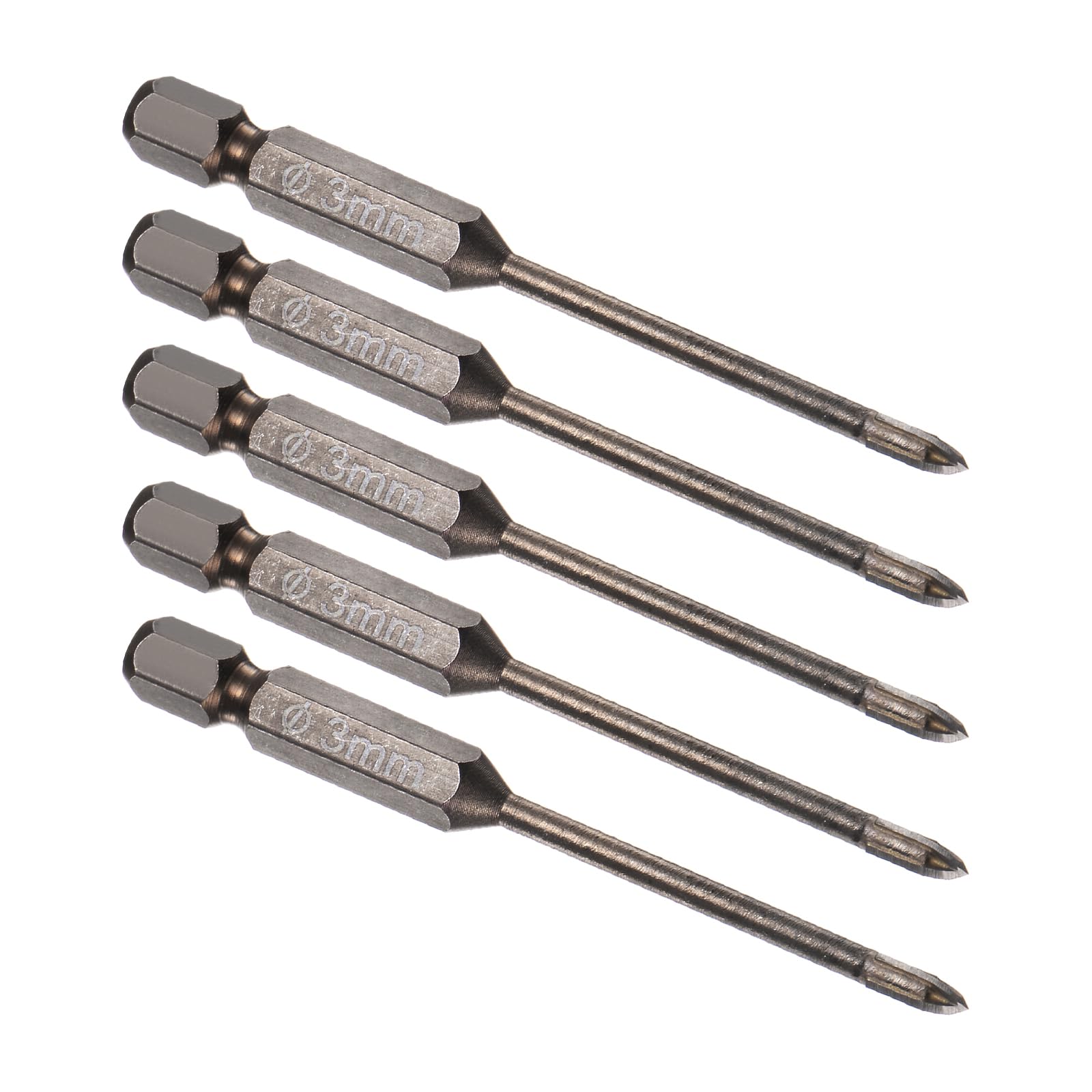 Kozelo 5pcs Titanium Masonry Drill Bit - [3mm x 74mm] Triangle Drill Bit with Hex Shank for Mirror and Ceramic Tile Use, Cross Arrow Design