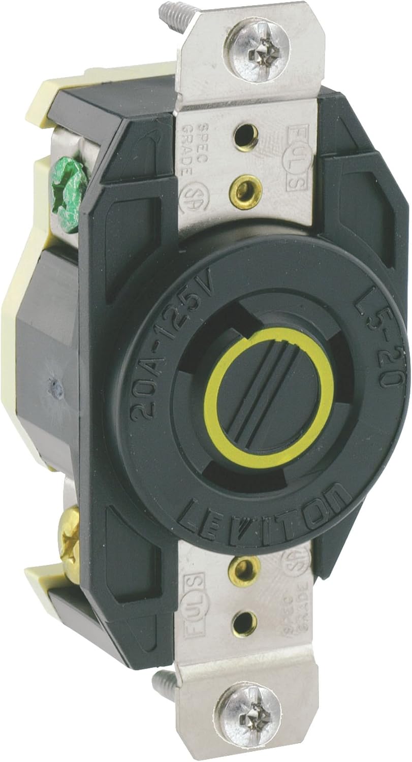 Leviton 2310 20 Amp, 125 Volt, Flush Mounting Locking Receptacle, Industrial Grade, Grounding, V-0-MAX, pack of 1, Black