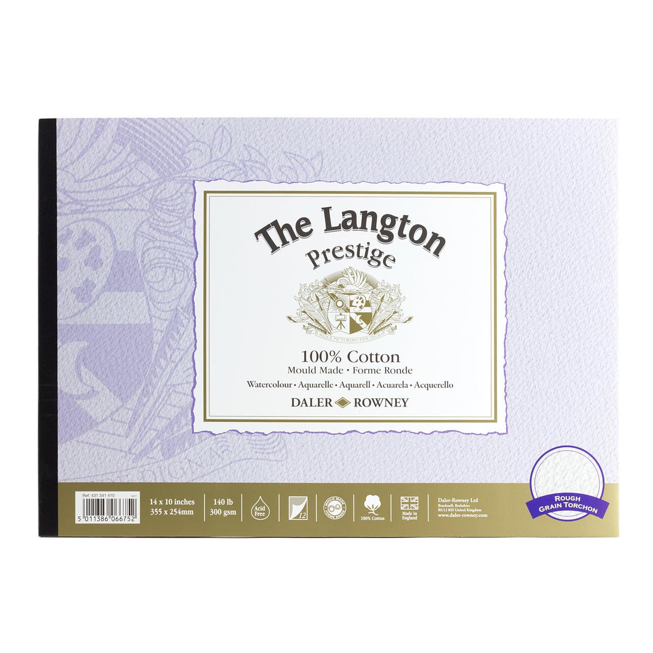 Daler-Rowney The Langton Prestige Watercolour Paper, Rough, 300 gsm, 140lb, Pad, Glued 4 Sides, 14 x 10in - 35.6 x 25.4 cm, Natural White, 12 Sheets