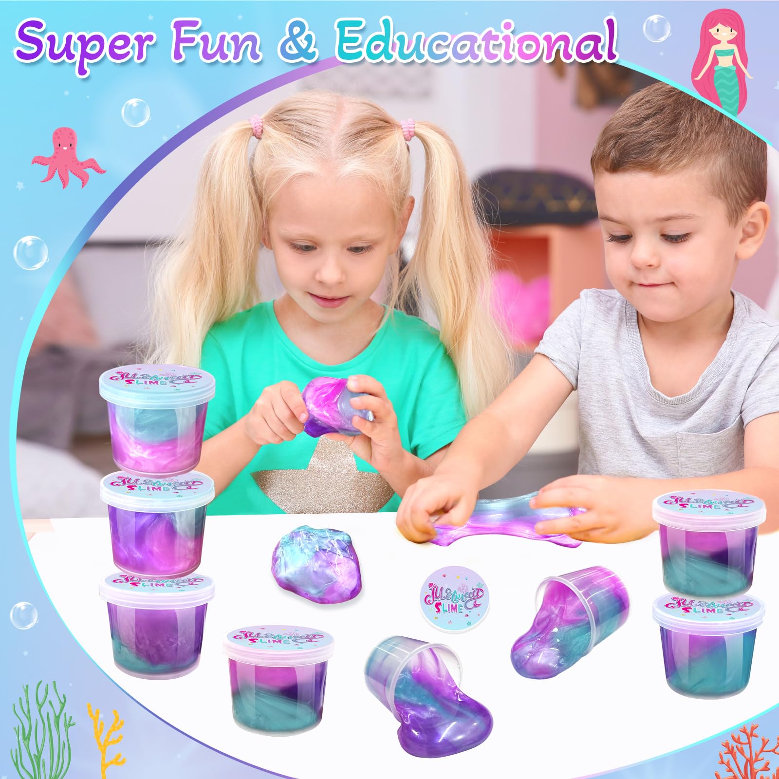 24 Pack Mermaid Slime Party Favors for Kids Slime Cup Bulk DIY Stress Relief Putty Toy Christmas Easter Birthday Goodie Bag Stuffer Classroom Reward for Girls Boys Stretchy Non-Sticky