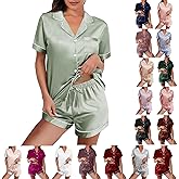 WJing Yi Jia Womens Silk Satin Pajamas Loungewear Two-Piece Sleepwear Button-Down Floral Pj Set XS-4XL