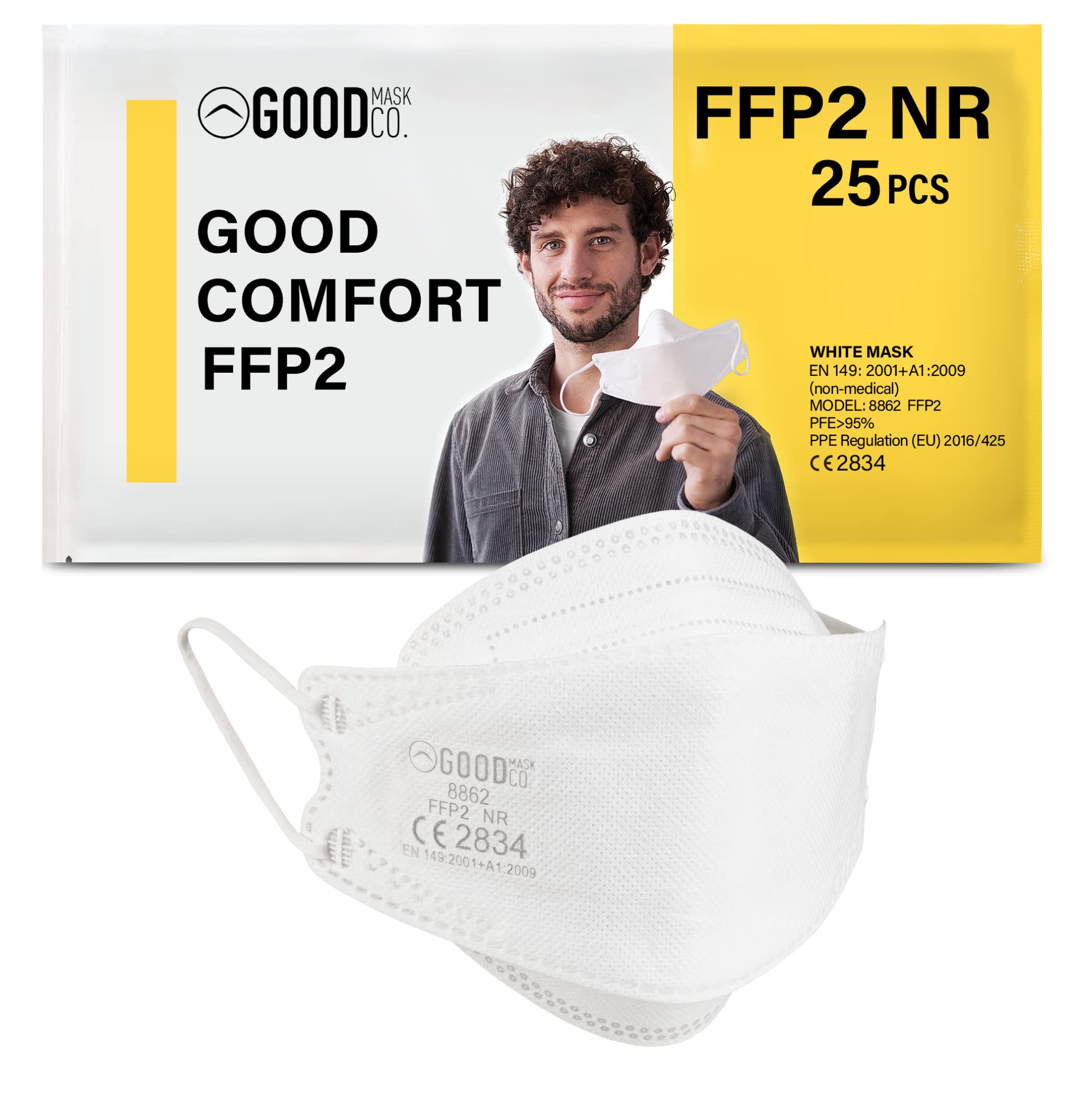 Good Mask Co. Good Comfort Adult FFP2 Face Masks, Disposable and Comfortable Face Masks (White, 25pcs)